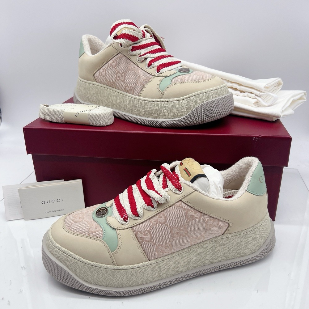 GUCCI Double Screener Monogram GG Logo Womens Sneakers Beige Pink EU 38.5 US 8.5